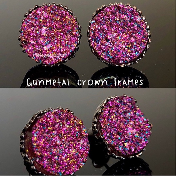 3 for 15🎀magenta glitter faux Druzy silver studs - Picture 10 of 14